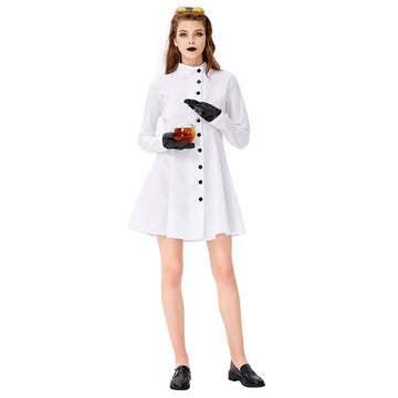Halloween Vestido Corto Blanco de Laboratorio Cosplay Vestido de Manga Larga para Adultos Femenino